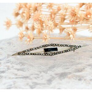 Art Deco Geometric Marcasite & Black Onyx Sterling Silver Vintage Brooch